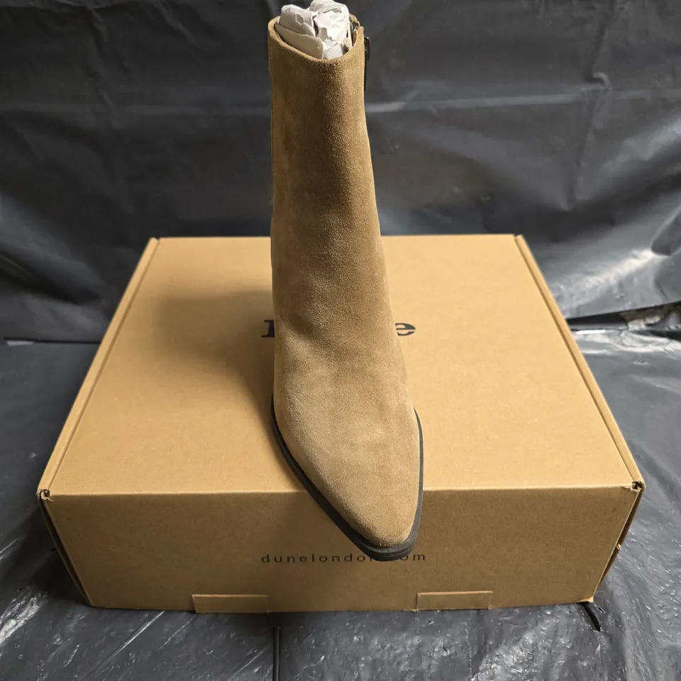 DUNE LONDON SAND SUEDE WESTERN-STYLE ANKLE BOOT - BOXED, UK 5