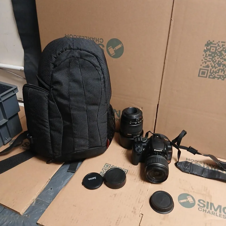 CANON EOS DSLR WITH 18-55MM KIT LENS AND TAMRON 70-300MM LENS – INCLUDES CAPS, HOODS AND CARRY BAG