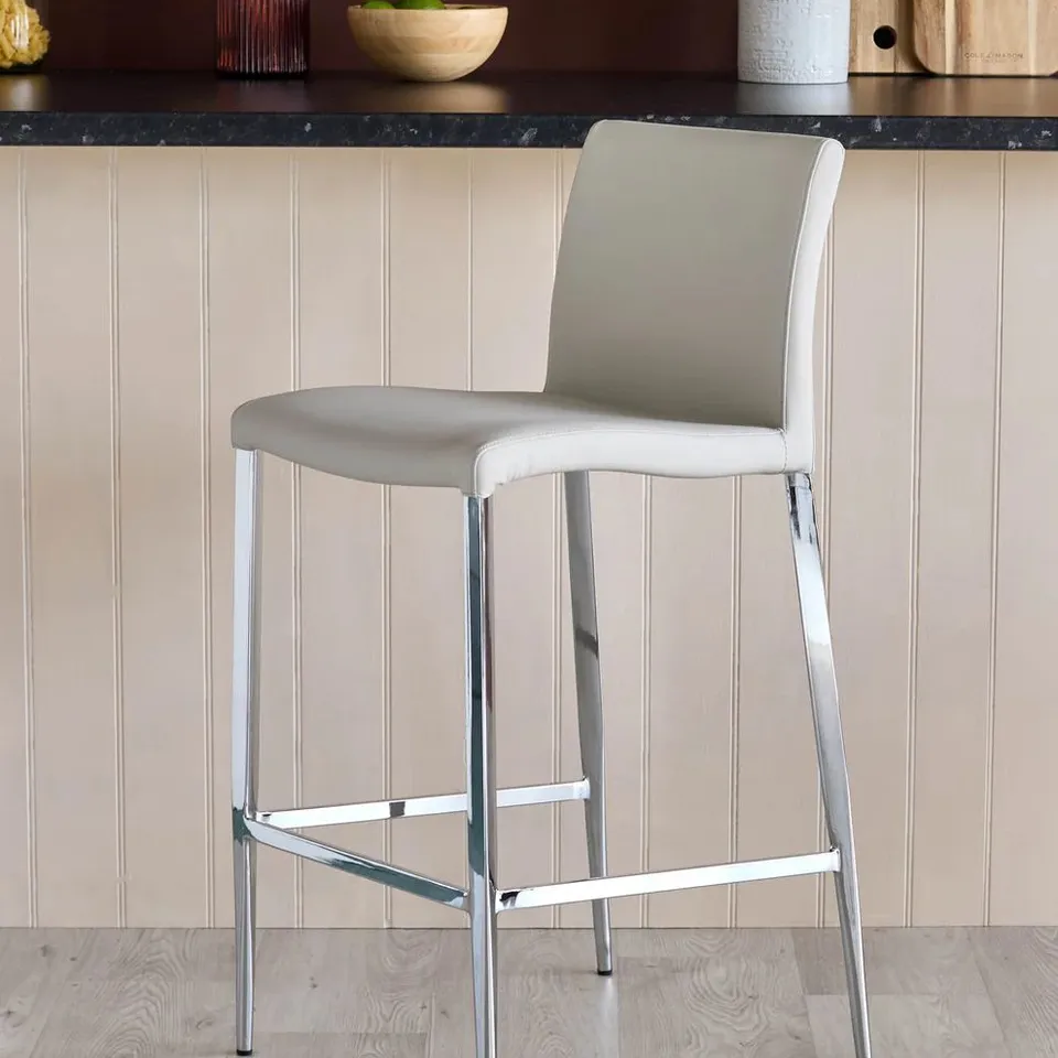 BOXED PAIR OF DANETTI ELISE LIGHT GREY FAUX LEATHER BAR STOOL