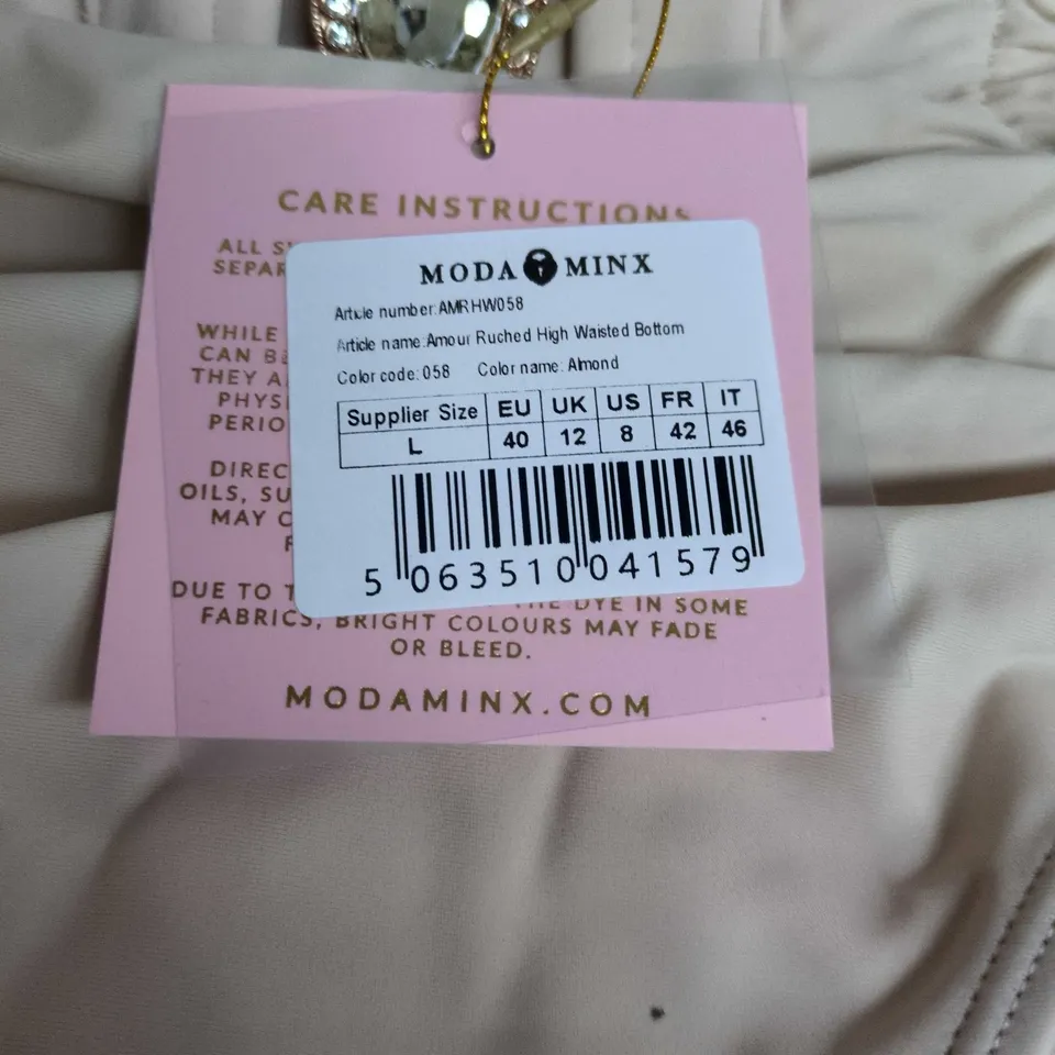 MODA MINX AMOUR RUCHED HIGH-WAISTED BIKINI BOTTOM – ALMOND, UK 12