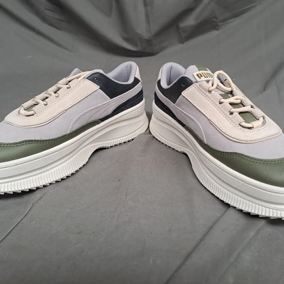 BOXED PAIR OF PUMA PLATFORM SNEAKERS IN GREY/GREEN/STONE SIZE 6