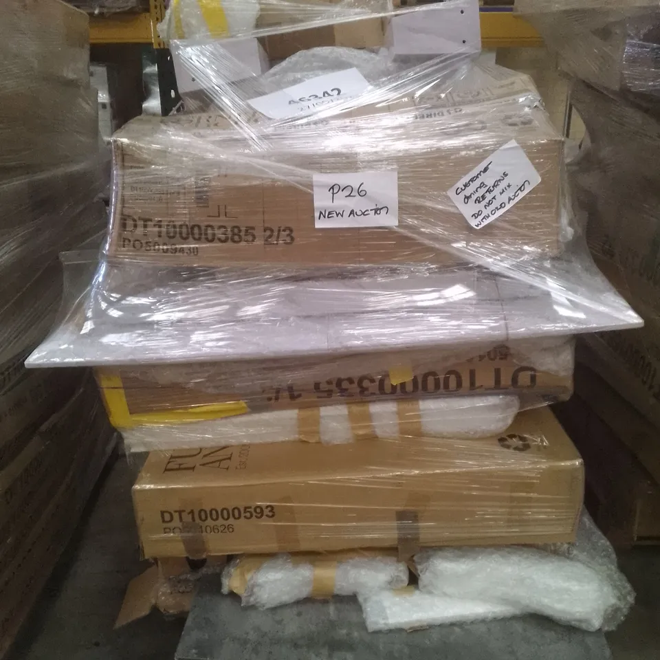 PALLET OF ASSORTED FLAT PACK  DINING TABLE PARTS 