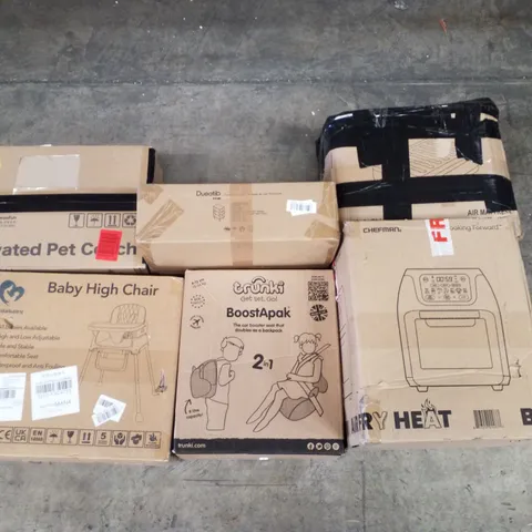 PALLET CONTAINING ASSORTED PRODUCTS INCLUDING AIR FRYER, 2-IN-1 BOOSTER SEAT/BACKPACK, BABY HIGH CHAIR, PET COACH, END TABLE & AIR MATTRESS
