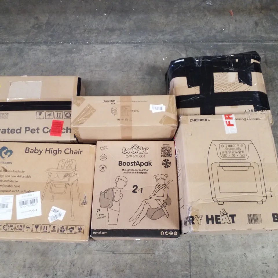 PALLET CONTAINING ASSORTED PRODUCTS INCLUDING AIR FRYER, 2-IN-1 BOOSTER SEAT/BACKPACK, BABY HIGH CHAIR, PET COACH, END TABLE & AIR MATTRESS 