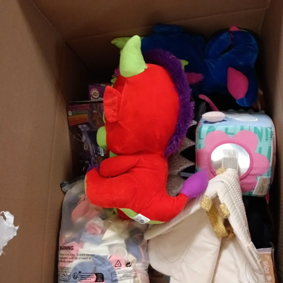 BOX OF APPROXIMATELY 25 ASSORTED TOYS INCLUDING BALLOONS, WINGS AND A CROWN 