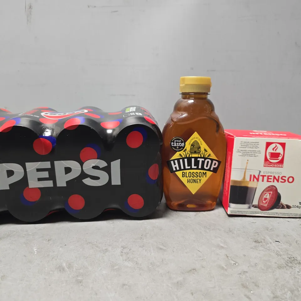 APPROXIMATELY 6 ASSORTED FOOD ITEMS TO INCLUDE - PEPSI MAX CHERRY , HILLTOP HONEY , ESPRESSO INTENSO ETC