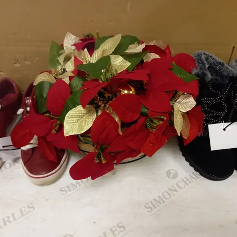 BOX OF APPROXIMATELY 10 ASSORTED HOUSEHOLD ITEMS TO INCLUDE SKECHERS TRAINERS IN RED UK SIZE 4, DESIGNER FAUX SUEDE HIKING BOOTS IN BLACK UK SIZE 4, DESIGNER DECORATIVE FAUX FLOWER BASKET, ETC
