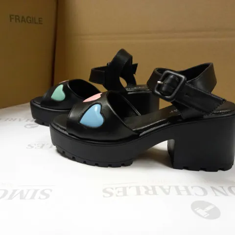 KOI BLACK/PASTEL HEART DETAILED PLATFORM VEGAN SANDALS - SIZE 4