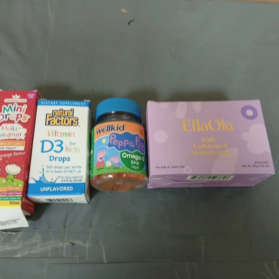 APPROXIMATELY 12 ASSORTED CHILDREN'S DIETARY SUPPLEMENTS – MULTIVITAMIN DROPS, VITAMIN D3 DROPS, OMEGA-3 (PEPPA PIG) & PURPLE-PACKAGED KIDS' SUPPLEMENT