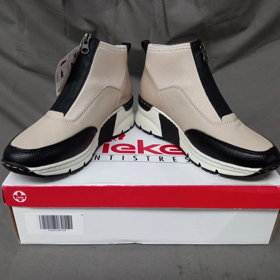 BOXED PAIR OF RIEKER HI-TOP TRAINERS IN BEIGE SIZE 6