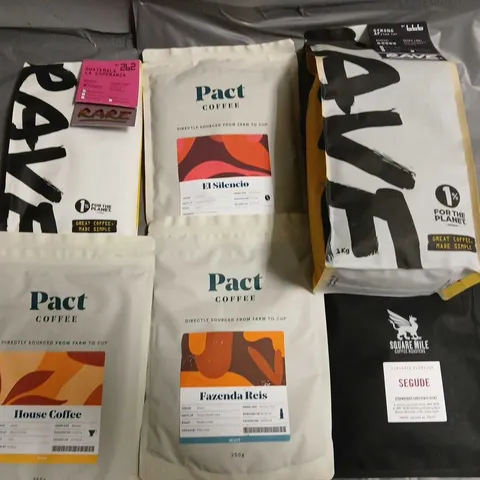 LOT OF 6 ASSORTED PACKS OF COFFEE TO INCLUDE PACT, SQUARE MILE AND RAVE