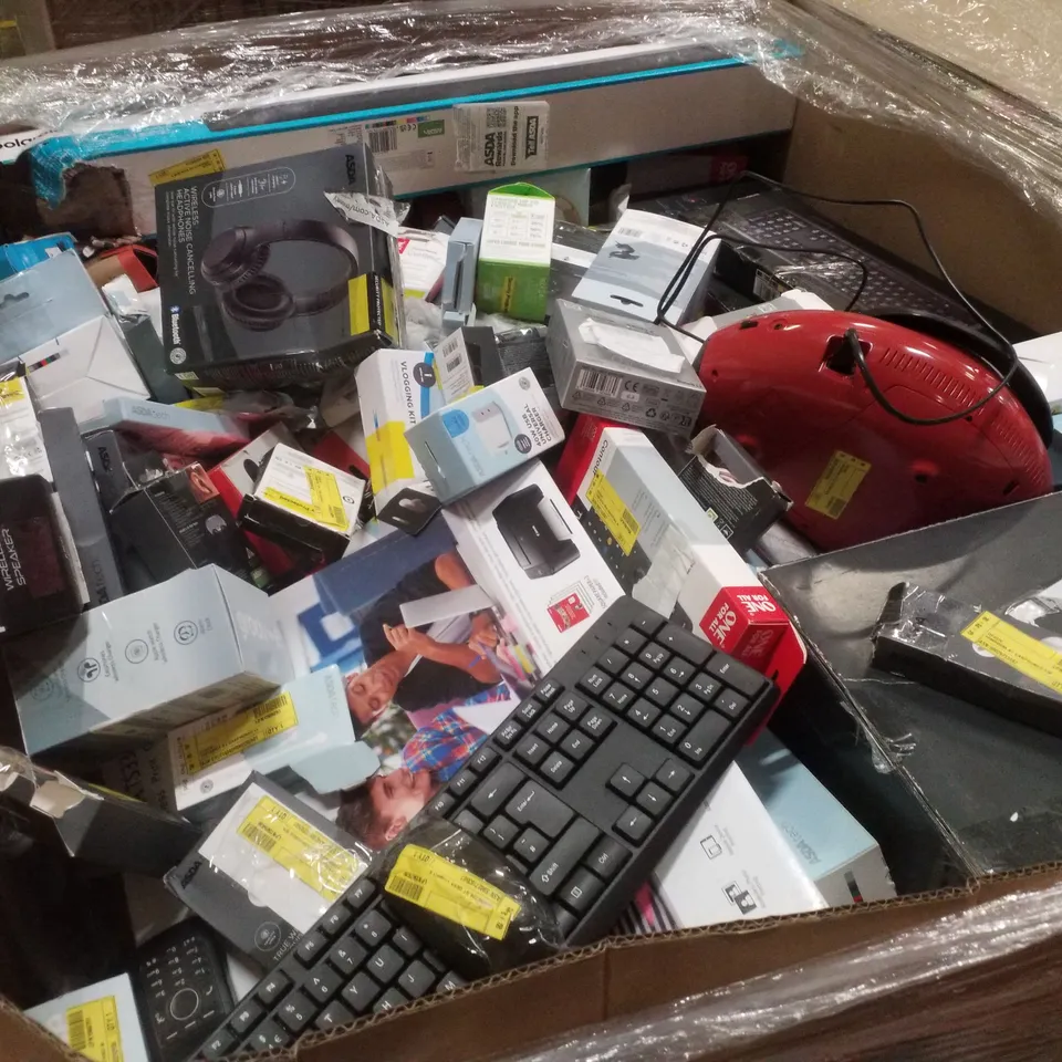 PALLET CONTAINING ASSORTED ELECTRICAL RETURNS INCLUDING HP PRINTER, BLUETOOTH SPEAKER, WIRELESS HEADPHONES, AERIALS & 60W SOUNDBAR
