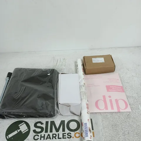 BOX OF APPROXIMATELY 25 ASSORTED ITEMS INCLUDING DIP EXTRA SENSITIVE ECO LAUNDRY DETERGENT SHEETS,M  WRAPPING PAPER AND  WATER BOTTLE