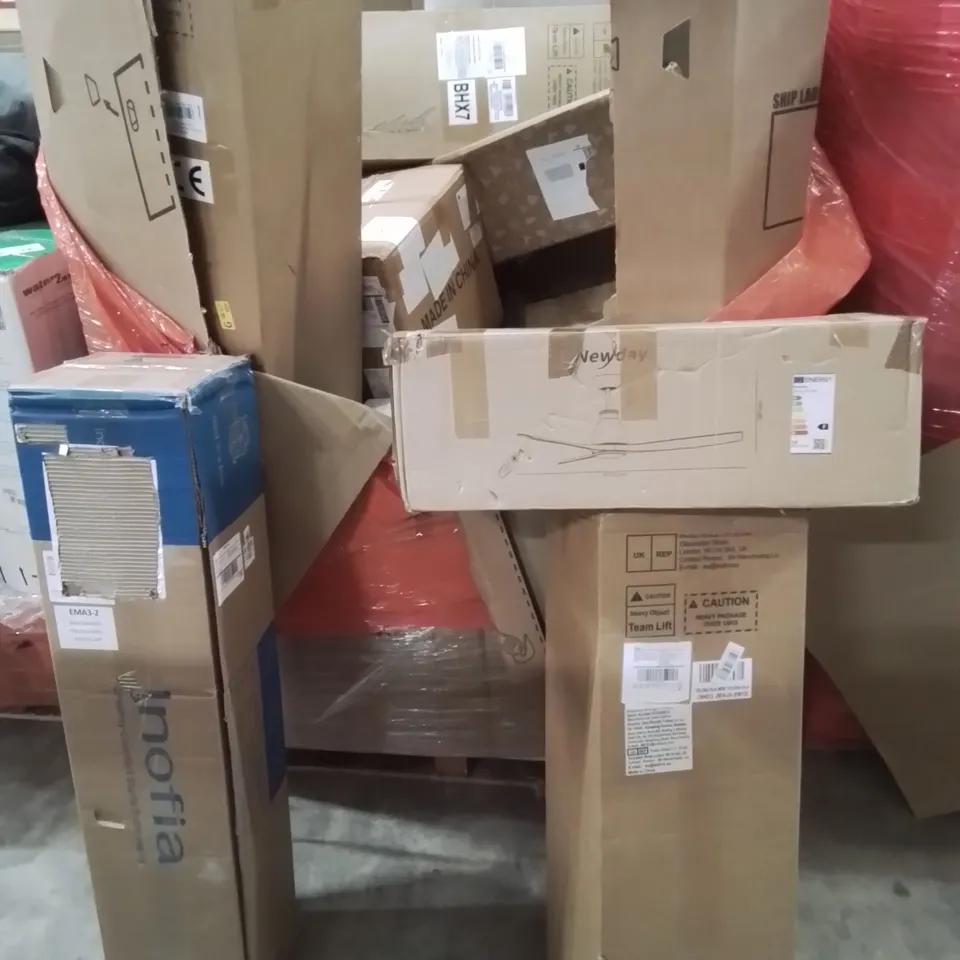 PALLET CONTAINING VARIOUS ASSORTED BOXED HOUSEHOLD ITEMS TO INCLUDE: ROLLED MATTRESSES, GRIDDLE AND GRILL, CEILING FAN ETC.