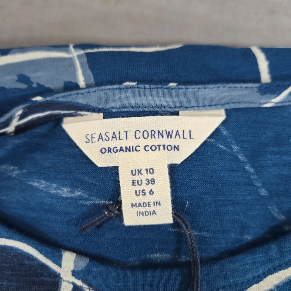 SEASALT CORNWALL WOMEN'S TOP – ORGANIC COTTON, UK 10, BLUE ABSTRACT PRINT