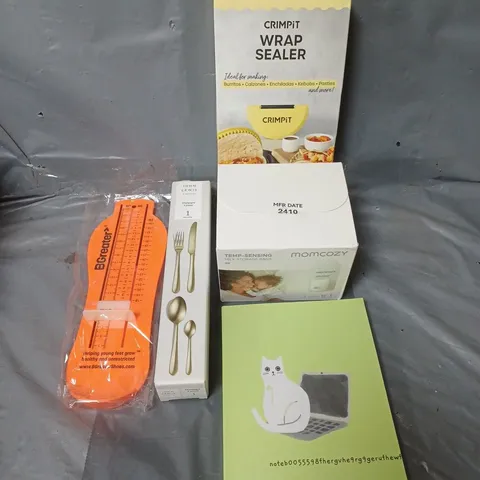 APPROXIMATELY 15 HOUSEHOLD ITEMS TO INCLUDE CRIMPIT WRAP SEALER, CAT NOTE BOOK AND MOMCOZY MILK STORAGE BAGS