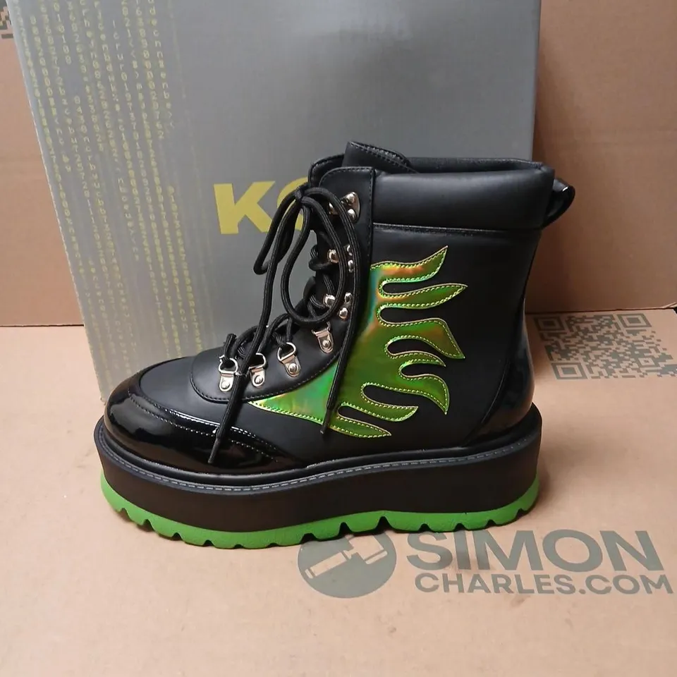 BOXED PAIR OF KOI CHA CHA CHA HOLOGRAM FLAME BOOT - UK 10