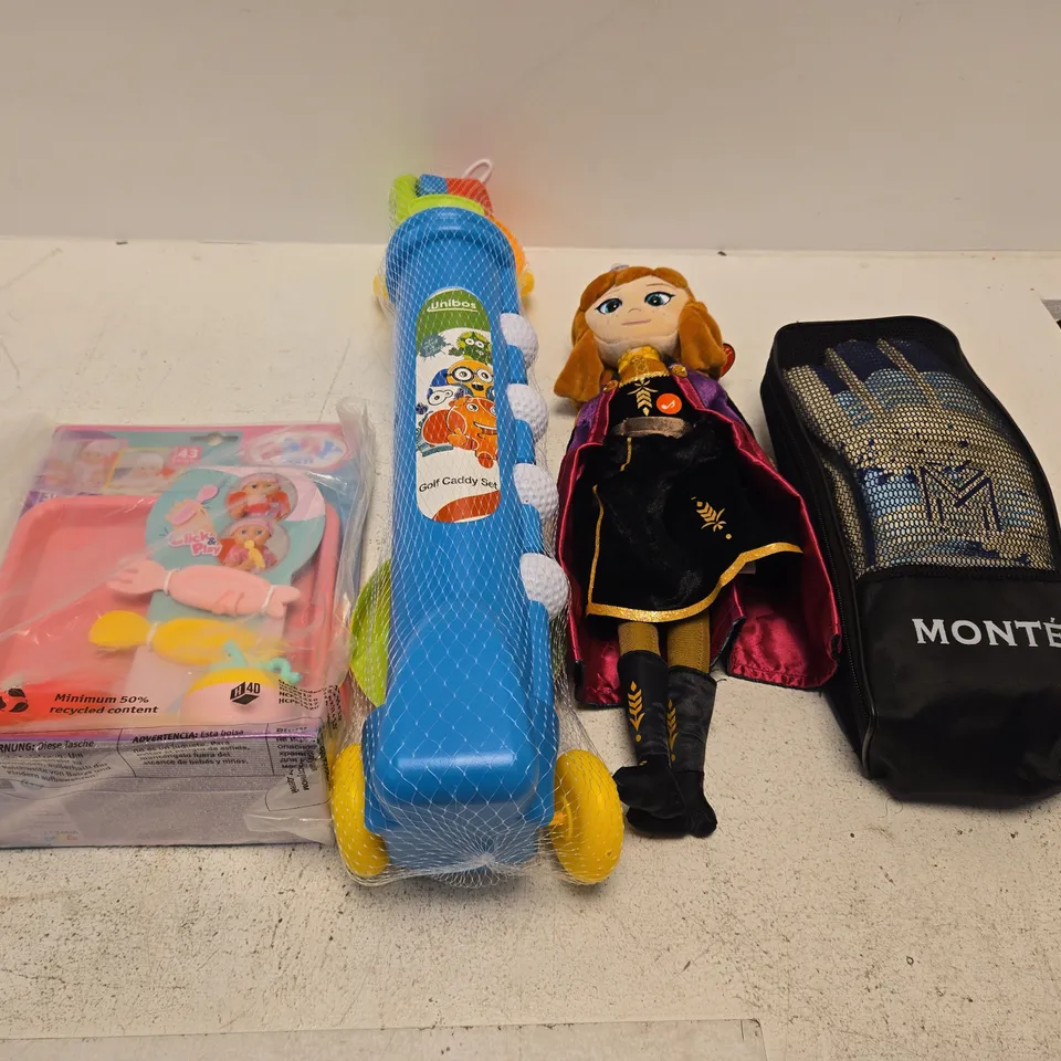 LARGE QUANTITY OF ASSORTED TOYS AND GAMES TO INCLUDE - PLUSH DOLLS , GOALKEEPER GLOVES AND TOY GOLF SET