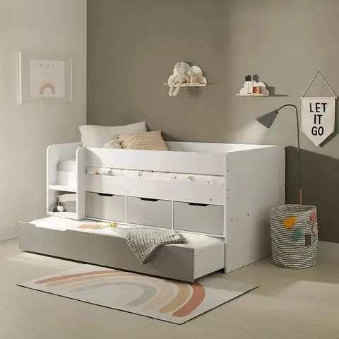 BOXED FLAIR LARS LOW CABIN BED WITH TRUNDLE AND STORAGE DRAWERS WHITE & LIGHT GREY (4 BOXES)