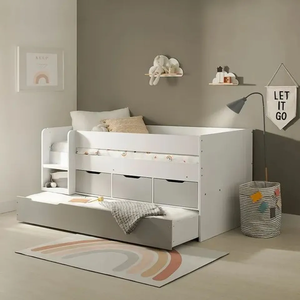 BOXED FLAIR LARS LOW CABIN BED WITH TRUNDLE AND STORAGE DRAWERS WHITE & LIGHT GREY (4 BOXES)
