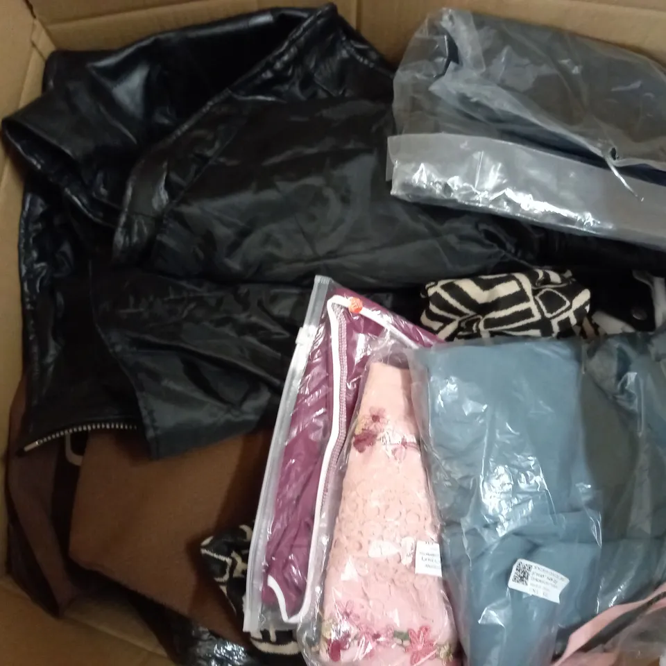  BOX OF ASSORTED CLOTHING ITEMS TOO INCLUDE DRESSES , SHIRTS AND TROUSERS IN VARIOUS SIZES AND COLOURS   