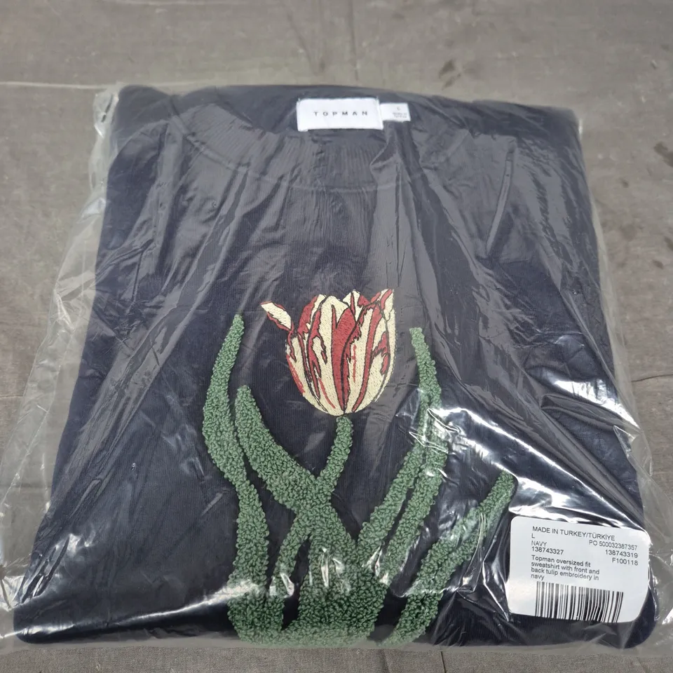 TOPMAN OVERSIZED FIT SWEATSHIRT – NAVY WITH TULIP EMBROIDERY (UK L)