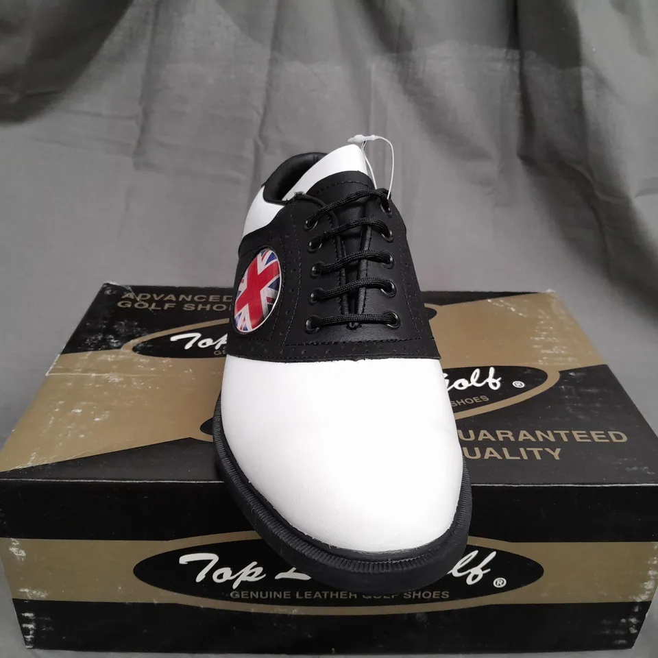 BOX OF APPROX 12 TOP LINE GOLF BLACK & WHITE GOLF SHOES IN VARIOUS SIZES