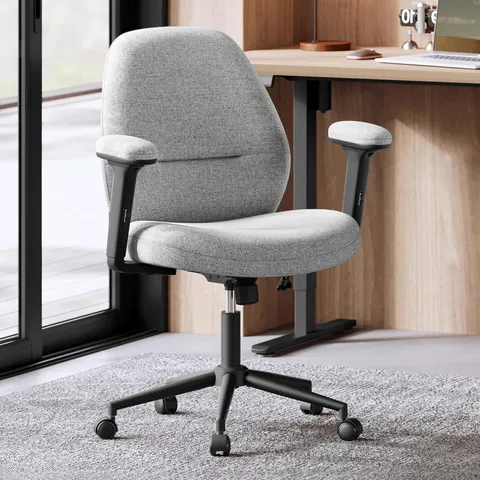 BOXED SONGMICS HOME CROSS LEGGED OFFICE CHAIR WITH ADJUSTABLE ARMRESTS, ADJUSTABLE HEIGHT, WIDE AND SOFT SEAT, SWIVEL CHAIR, COTTON-LINEN FABRIC, DOVE GREY
