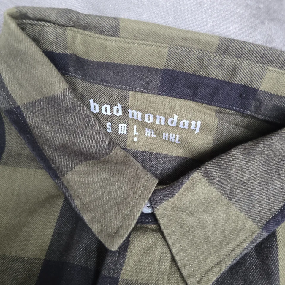 BAD MONDAY FLANNEL SHIRT – OLIVE/BLACK CHECK, MEN'S BUTTON-DOWN WITH EMBROIDERED CHEST LOGO - LARGE