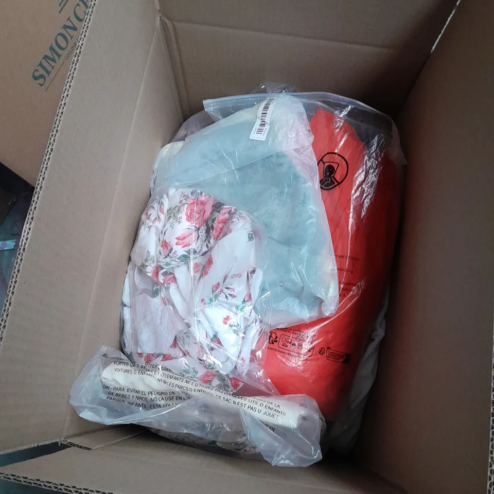 BOX TO CONTAIN APPROX 12 X ASSORTED ITEMS OF CLOTHING INCLUDES; DRESSES, PANTS, SHIRT ETC 