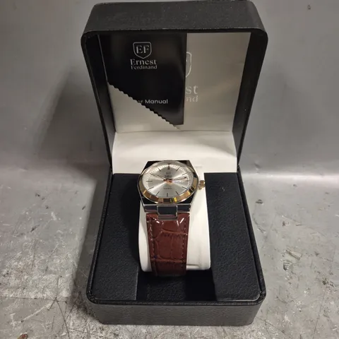 MENS ERNEST FERDINAND WATCH – DAY DATE CALENDAR DIAL – LEATHER STRAP