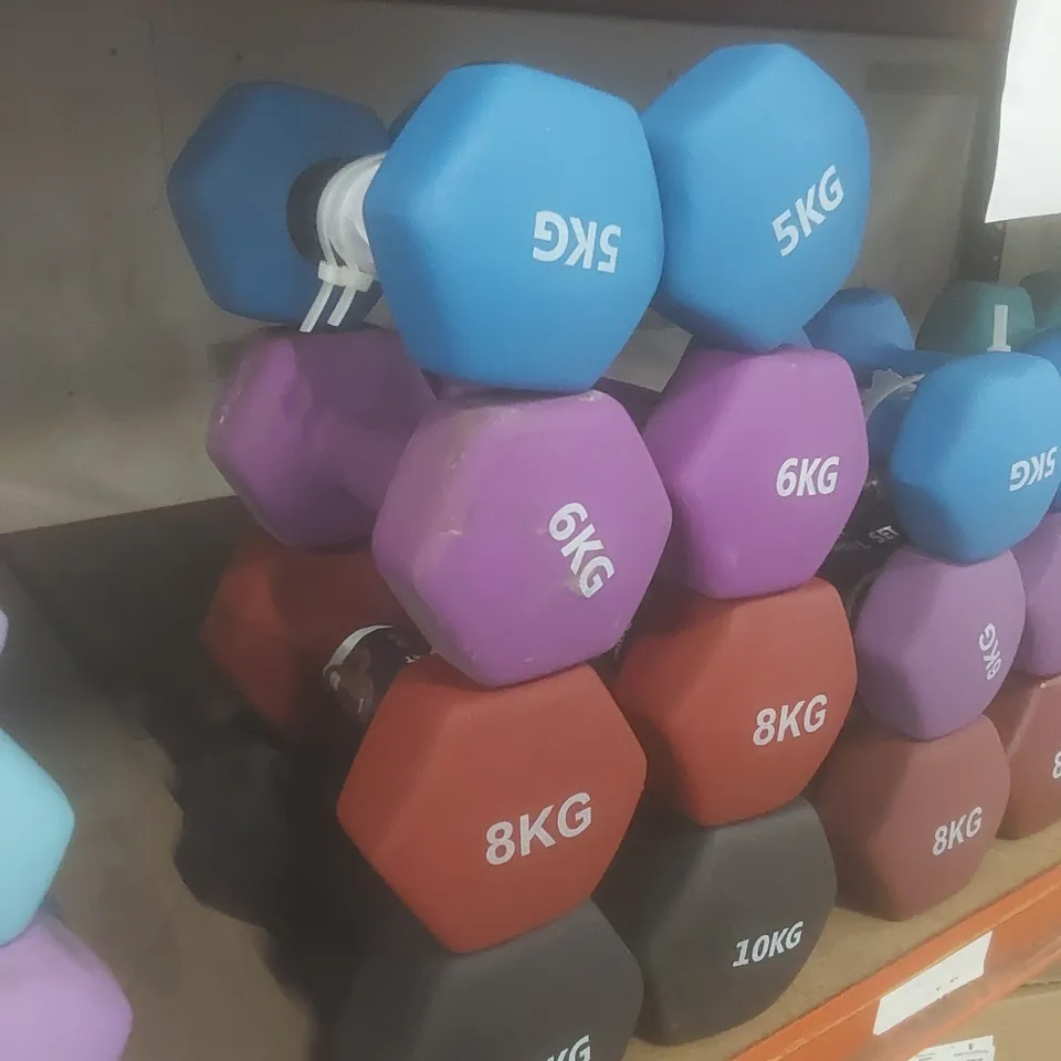 SET OF 8 KAYMAN DUMBBELLS - COLOURS VARY // 2 X 5KG, 6KG, 8KG, 10KG