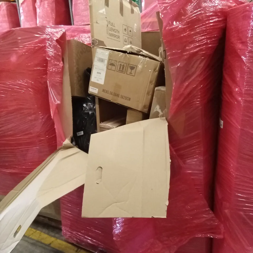 PALLET OF ASSORTED HOUSEHOLD GOODS AND PRODUCTS TO INCLUDE; OFFICE CHAIR, IRONING BOARD, MIRROR, BOXED FURNITURE ETC