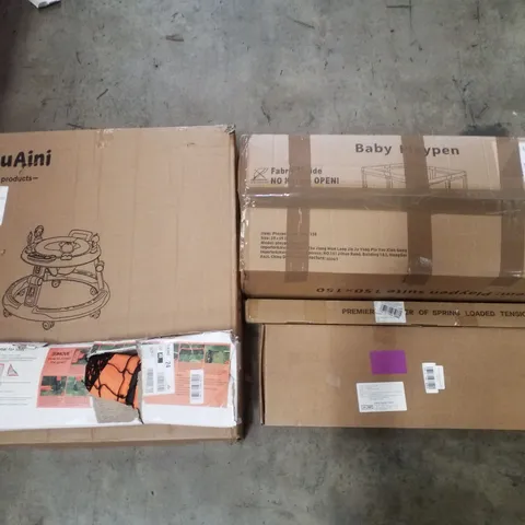 PALLET CONTAINING ASSORTED PRODUCTS INCLUDING BABY PLAYPEN, SPRING LOADED TENSION ROD, TOWEL BAR, FOOTBALL GOAL FOR KIDS, BABY WALKER & IRONING BOARDS
