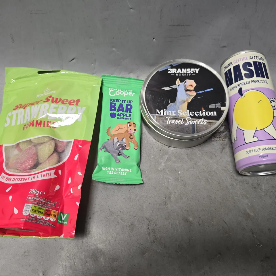 APPROXIMATELY 10 ASSORTED FOOD & DRINK ITEMS TO INCLUDE - DRAMSRY TRAVEL SWEETS , NASHI , MORRISON SUPER SWEET STRAWBERRY ETC
