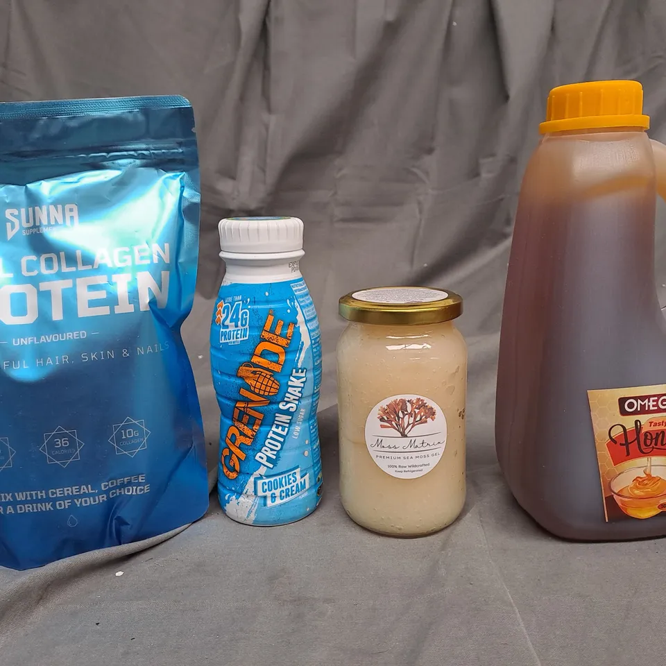 BOX OF APPROXIMATELY 10 ASSORTED ITEMS TO INCLUDE PURE HONEY, SEA MOSS, PROTEIN COLLAGEN ETC