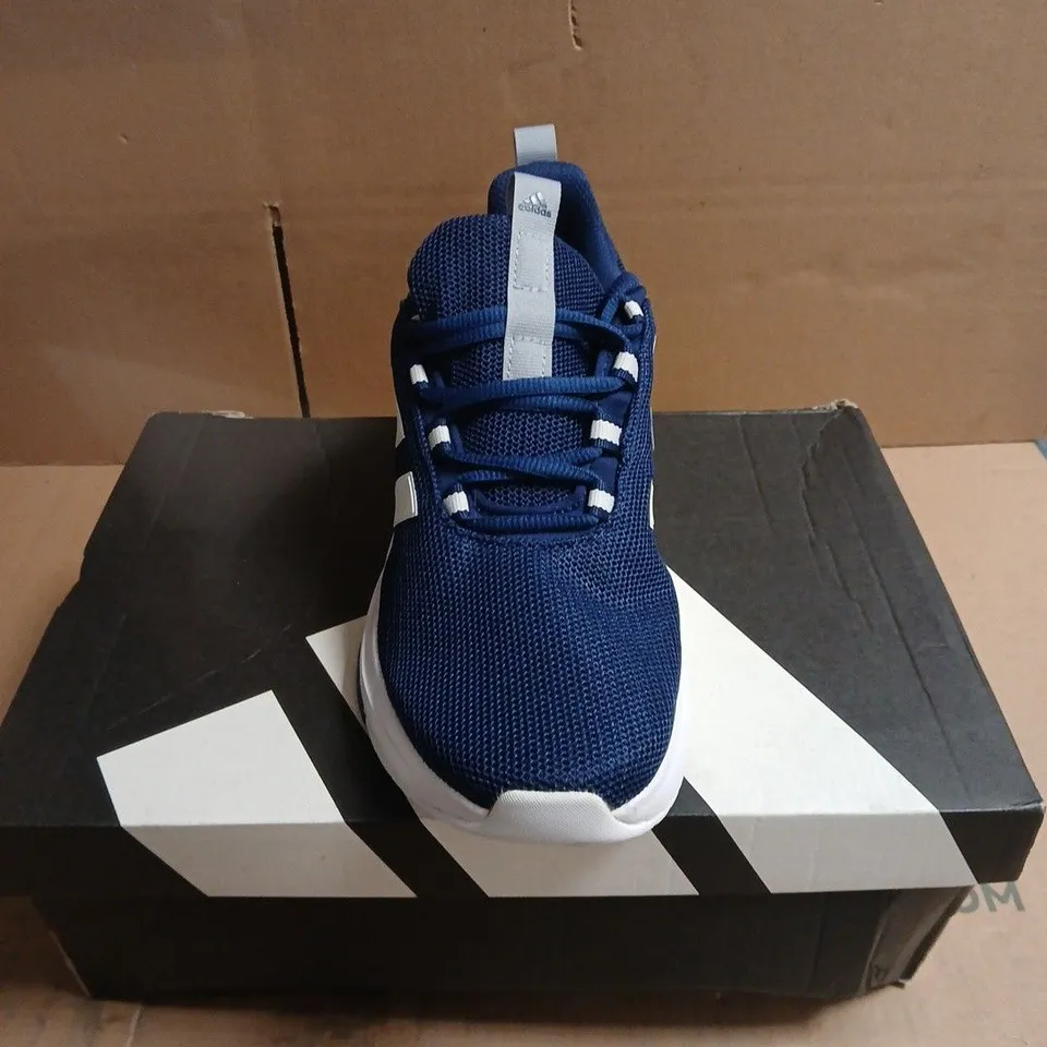 ADIDAS NAVY BLUE MESH TRAINERS WITH WHITE STRIPES BOXED SIZE 6