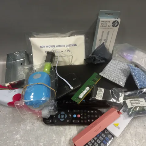 APPROXIMATELY 15 ASSORTED HOUSEHOLD PRODUCTS TO INCLUDE SKY REMOTE, TV BOX PRO, NON WOVEN WOUND DRESSING, WEIGHTED STRAWS AND BRUSH SET