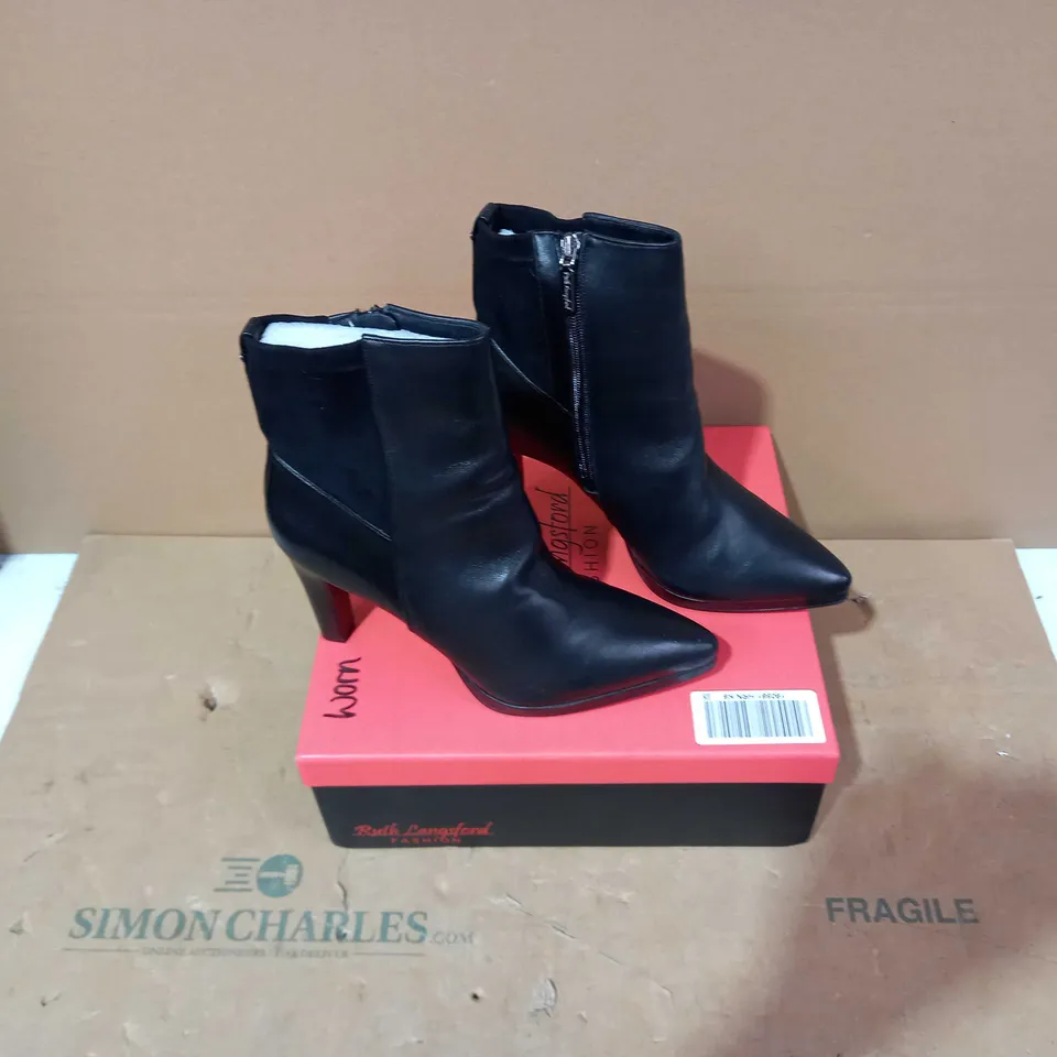 BOXED PAIR OF RUTH LANGSFORD BLACK HEELED BOOTS- SIZE 39