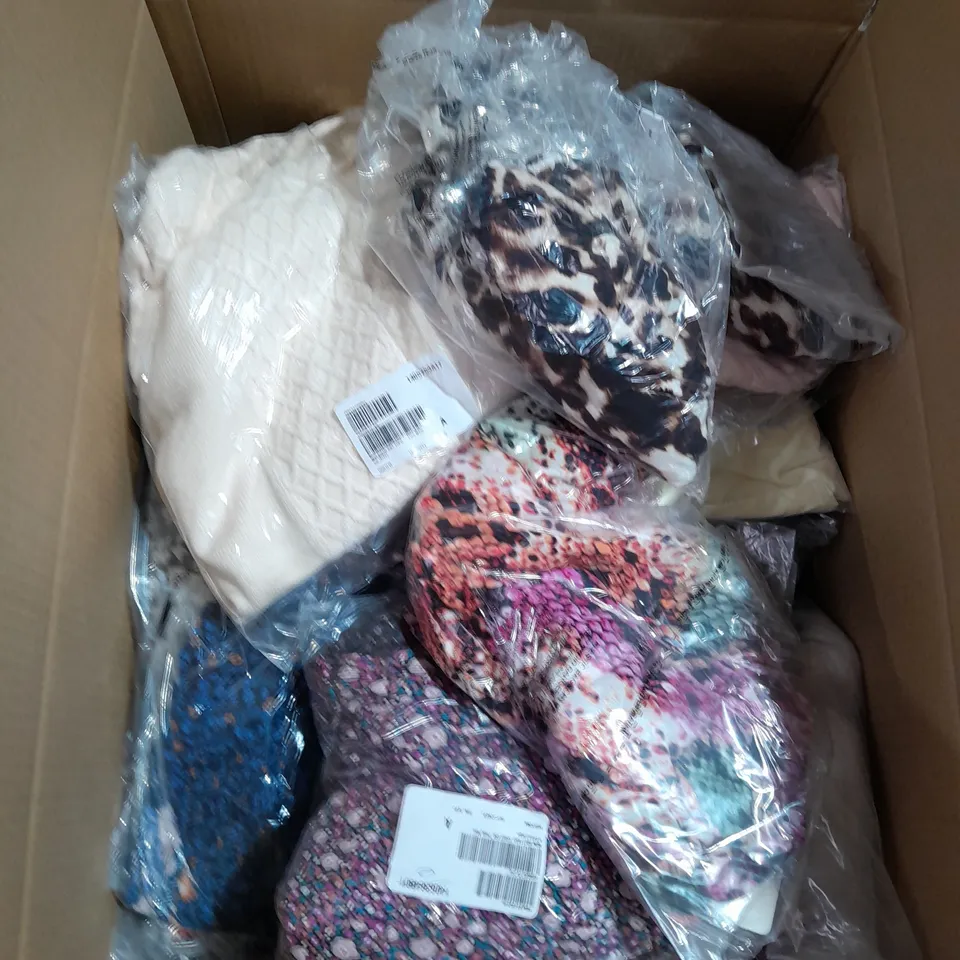 LARGE BOX OF ASSORTED CLOTHING ITEMS ALL IN DIFFRENT COLOURS AND SIZES 