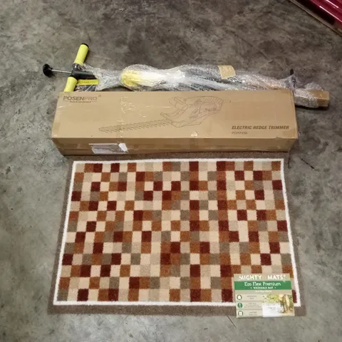 PALLET OF ASSORTED HOUSEHOLD GOODS AND PRODUCTS TO INCLUDE; ELECTRIC HEDGE TRIMMER, WEED PULLER TOOL, WASHABLE DOORMAT ETC