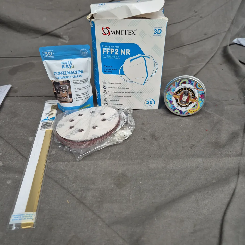 APPROXIMATELY 15 ASSORTED HOUSEHOLD ITEMS TO INCLUDE COFFEE MACHINE CLEANING TABLETS, SANDPAPER SHEETS AND BRASS STRIPS