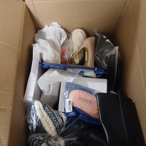 BOX OF APPROXIMATELY 12 PAIRS OF ASSORTED SHOES IN VARIOUS COLOUR, STYLES AND SIZES