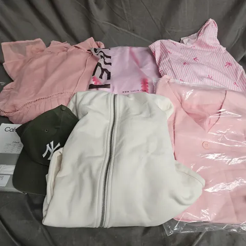 BOX OF APPROXIMATELY 20 ASSORTED CLOTHING ITEMS TO INCLUDE - JACKET - DRESSES - HAT - ETC