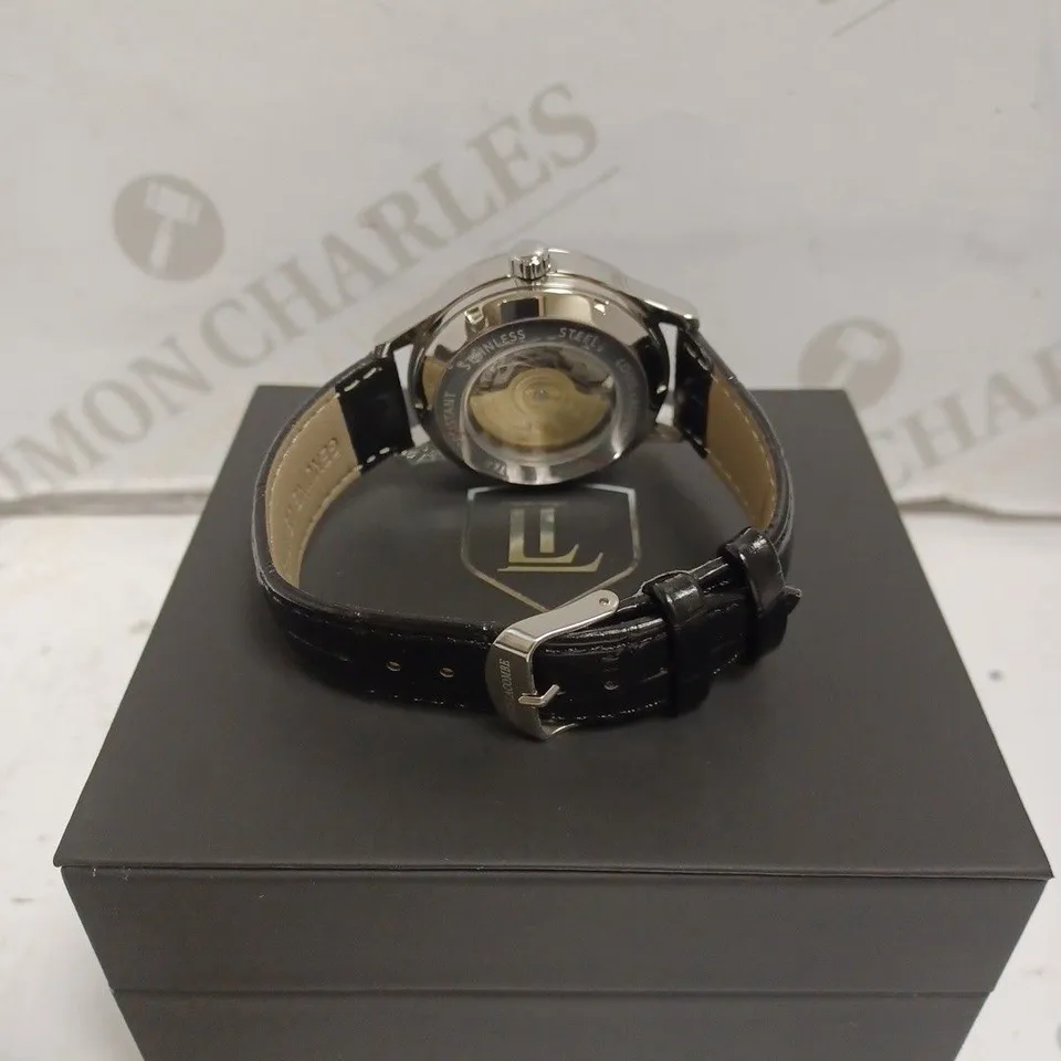 MENS LOUIS LACOMBE AUTOMATIC WATCH – SKELETON DIAL – GLASS EXHIBITION BACK CASE – LEATHER STRAP 