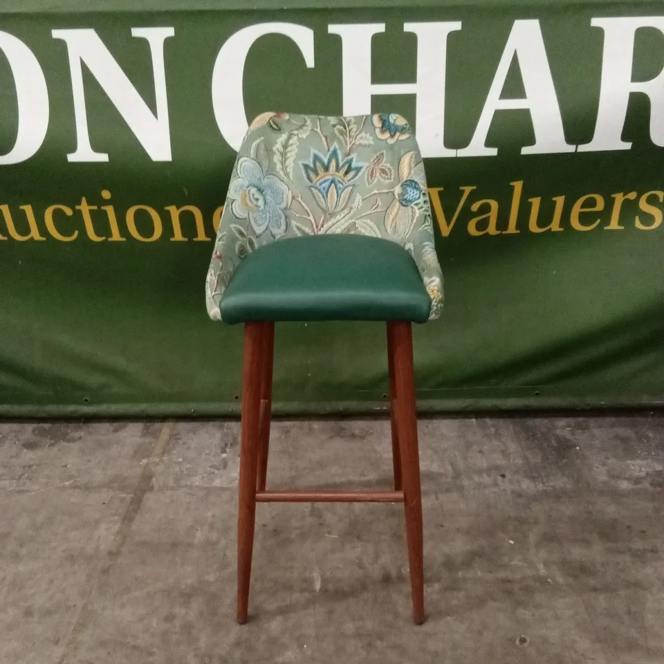 QUALITY DESIGNER VELVET & LEATHER FLORAL PATTERN BAR STOOL