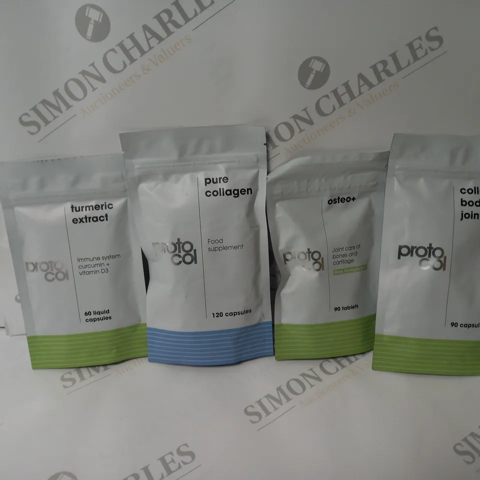 8 X PROTO-COL HEALTH PRODUCTS TO INCLUDE TURMERIC EXTRACT CAPSULES, PURE COLLAGEN FOOD SUPPLEMENT CAPSULES, COLLAGEN BODY AND JOINT CAPSULES ETC. 