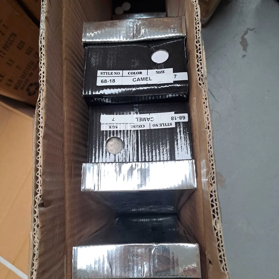 BOX OF APPROXIMATELY 10 PAIRS OF KELSI CLOSED TOE SANDALS IN CAMEL - VARIOUS SIZES 