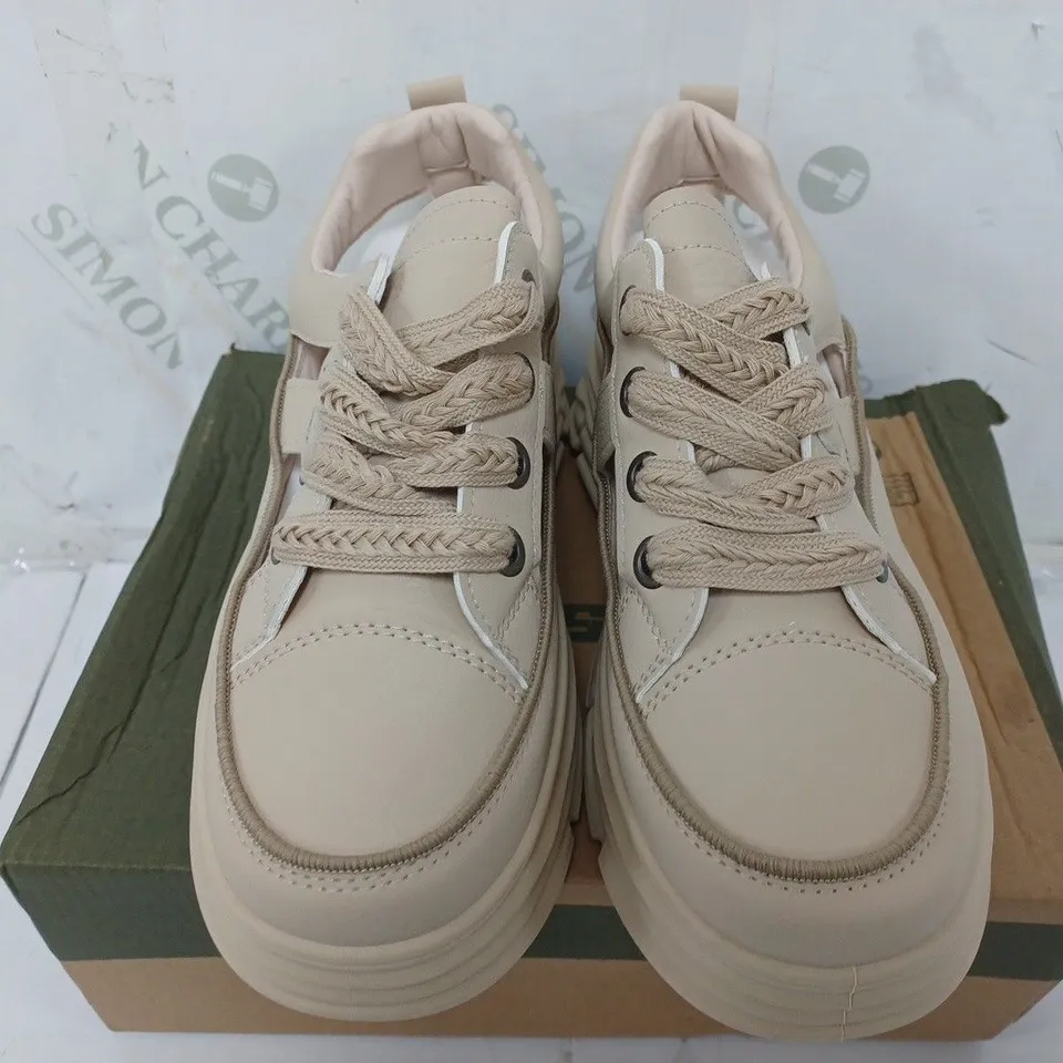 BOXED PAIR OF FASHION LACE UP PLATFORM SHOES IN BEIGE - SIZE 39
