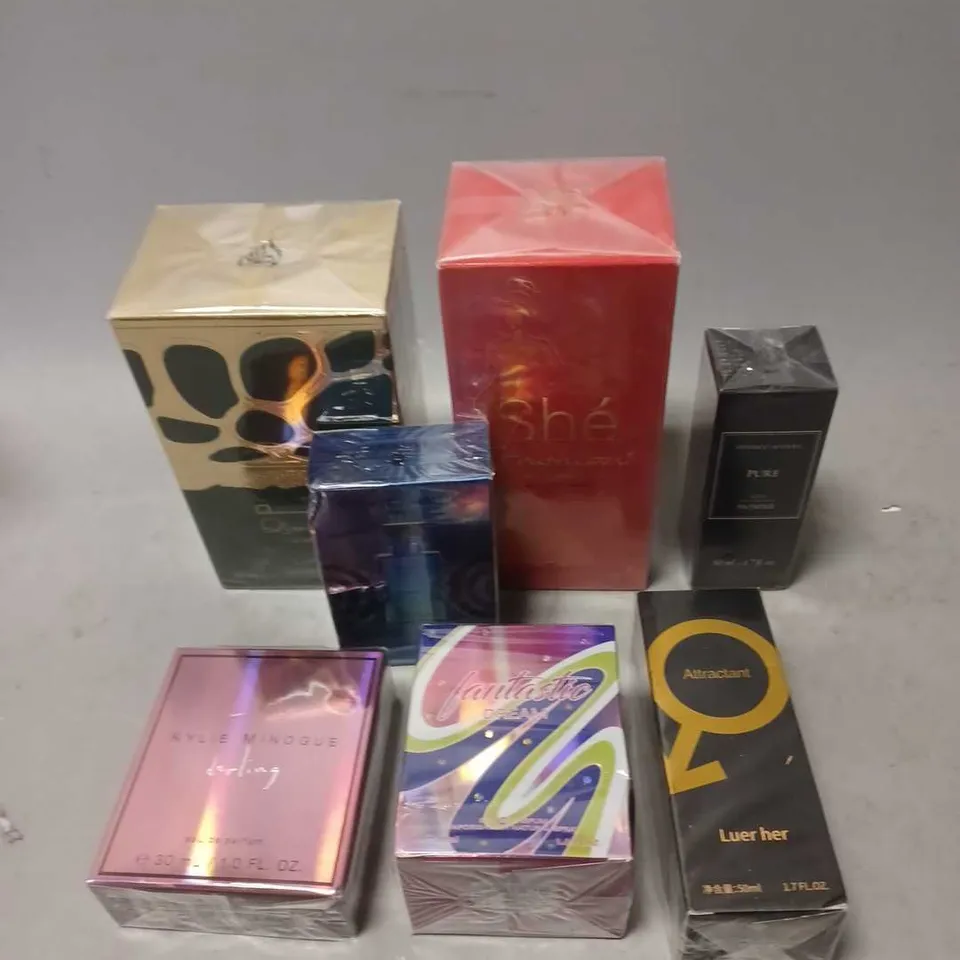 APPROXIMATELY 6 ASSORTED SEALED FRAGRANCES TO INCLUDE - MILESTONE SHE FASHION - LATTAFA - KYLIE MINOGUE DARLING - ETC